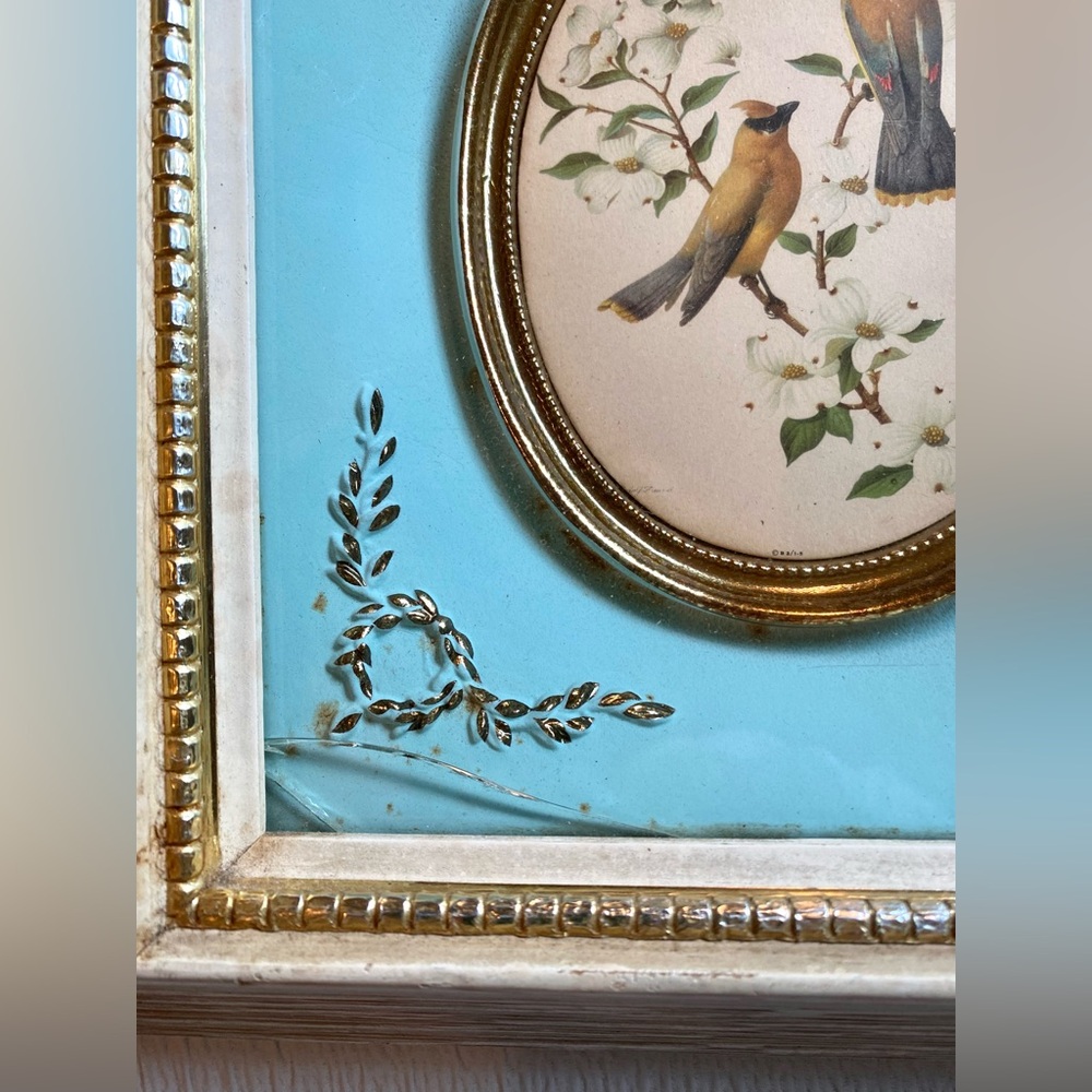 Vintage Deep Wood Framed Cedar Waxwings Birds on Spring Dogwood, R.Freund - Picture 5 of 11